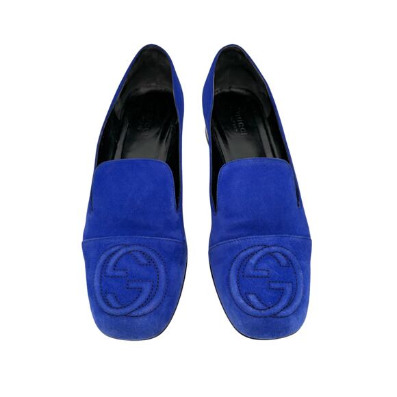 Gucci GG Logo Blue Suede Loafer Size 37 US 7 Chrome Block Heel Slip On Flat - Picture 2 of 10